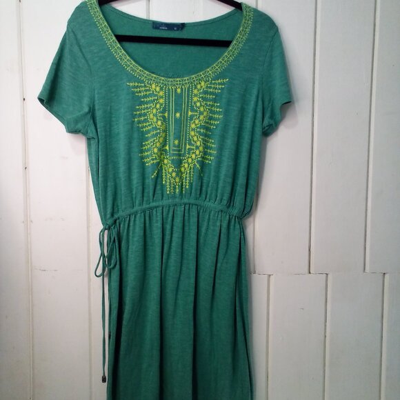 Prana Dresses & Skirts - Prana Dress Women M Short Sleeve Embroidery Cinch Waist Athleisure Green Yellow